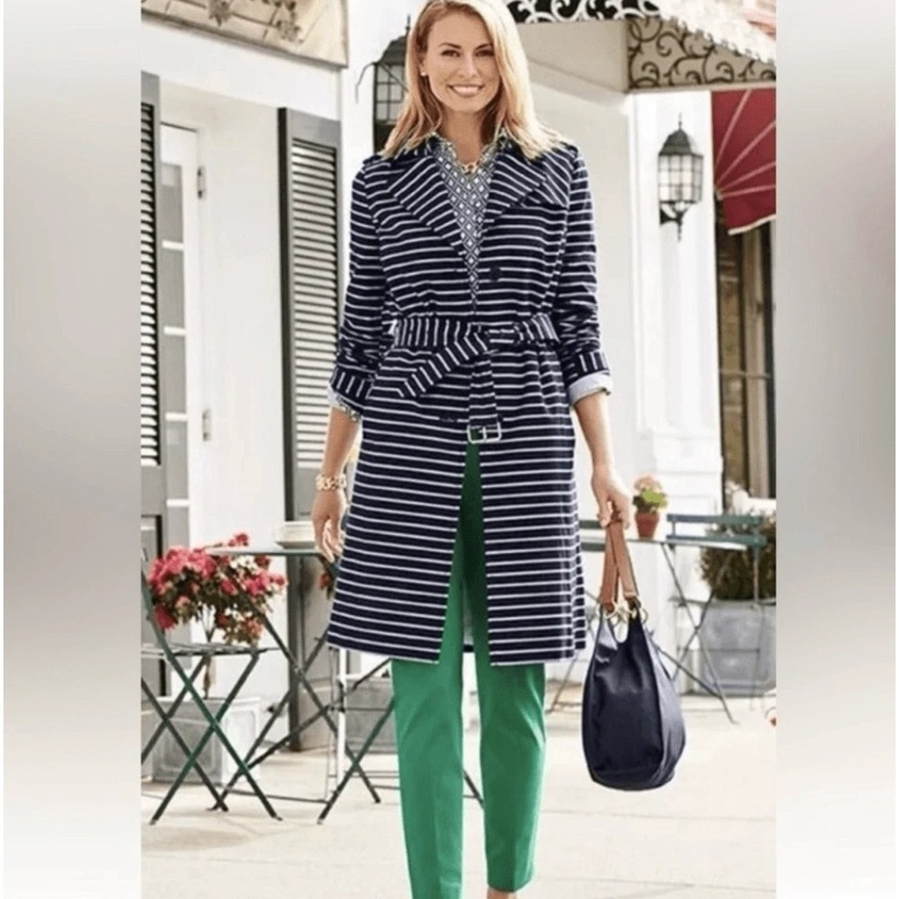TALBOTS‎ Womens Belted Coat Trench Navy Blue Striped Nautical Style SMALL Petite
